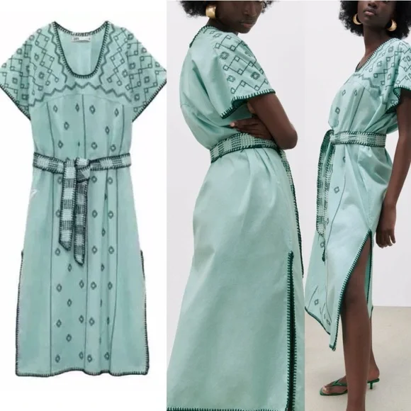 Zara Mint Green Embroidered Dress Midi Dress Kaftan Size extra small - Picture 10 of 13